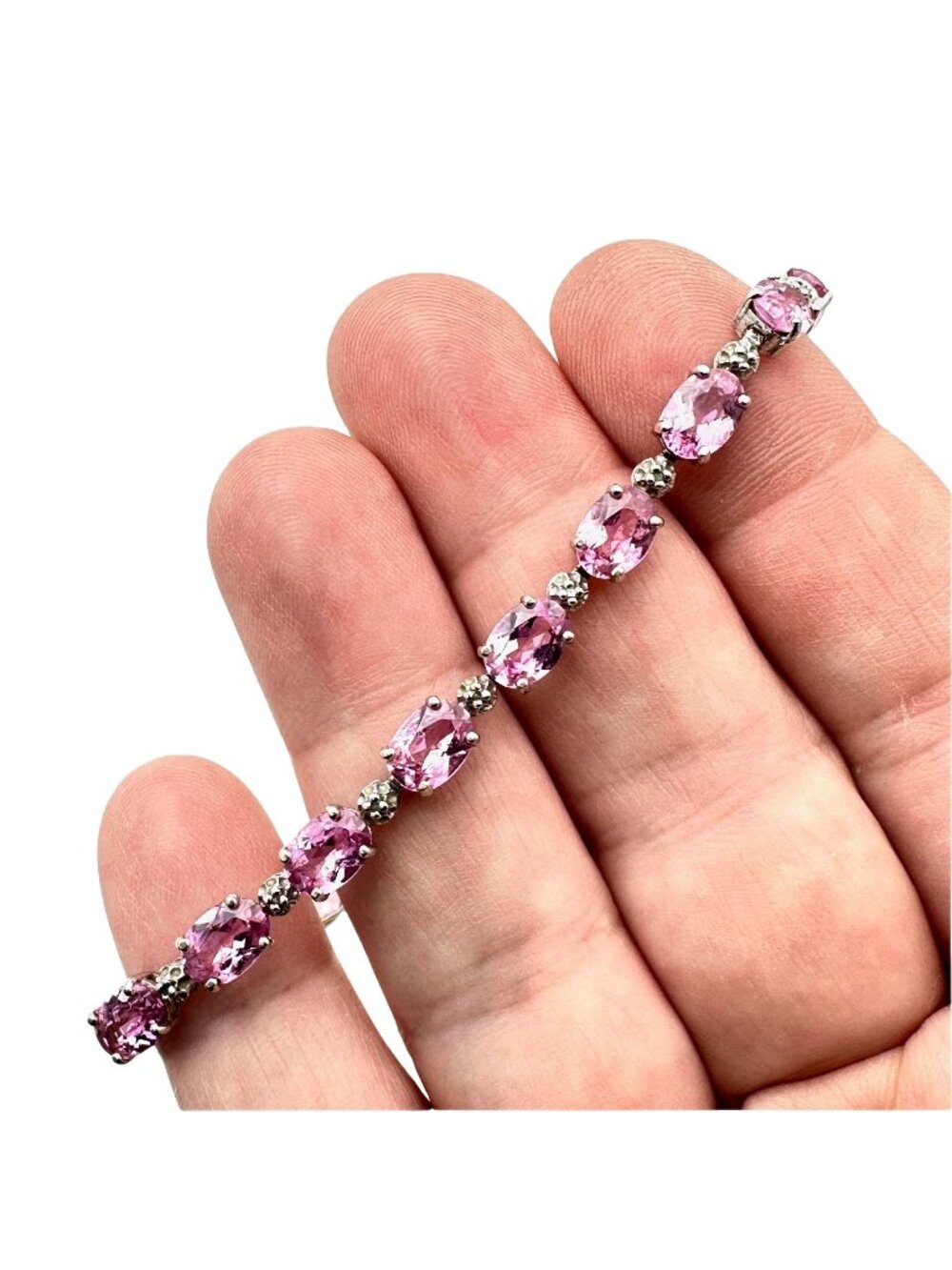 10K White Gold Pink Sapphire Diamond Bracelet 8.2 Grams 7 Inch